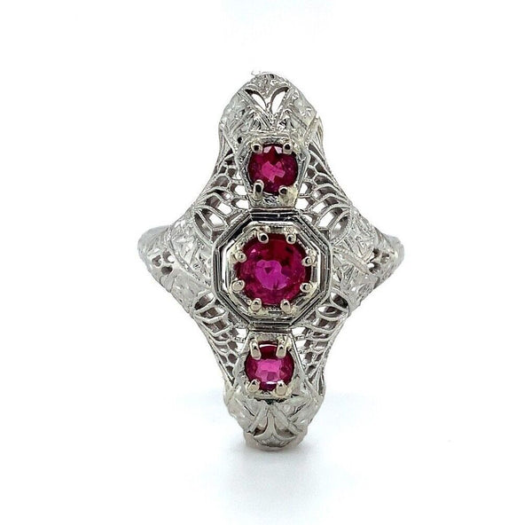 18k White Gold Art Deco Long Filigree Genuine Natural Ruby Ring (#J5651)