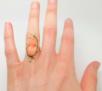 Art Nouveau 10k Gold Oval Genuine Natural Coral Cameo Ring (#J3851)