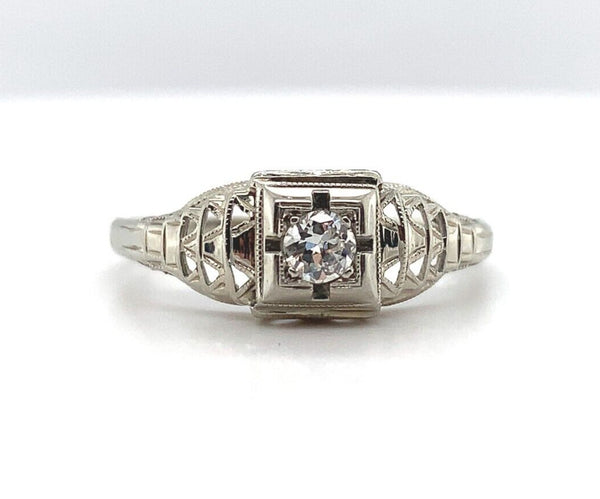 18k White Gold Filigree Genuine Natural Diamond Ring Chevron Like Design #J5946