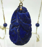 14k Gold Art Deco Carved Genuine Natural Lapis Necklace (#J3649)