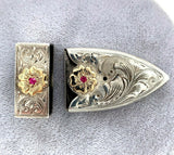 Sterling Belt Bucklet Set 3pc with 10k Yellow Gold Horse (#J5481)
