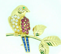 18k Gold Bird on Branch Pin w/ Genuine Natural Rubies Sapphires Diamonds #J4361