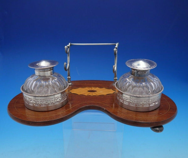 Goodnow and Jenks Sterling Silver Inkwell w/ Glass Inlaid Wood c.1893-1905 #4325