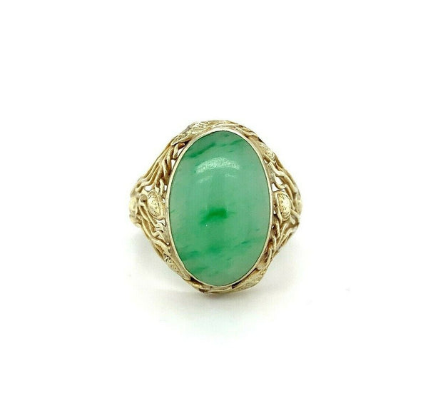 14k Yellow Gold Arts and Crafts Jade Ring Handmade (#J5447)