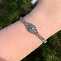 14k White Gold Filigree Bracelet with Genuine Natural Blue Zircon (#J6503)