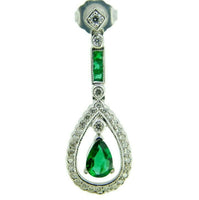 18k White Gold Genuine Natural Emerald and Diamond Deco Style Earrings (#J4716)