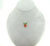 14k Gold Coral Strawberry Pendant Carved Emerald Leaves (#J4446)