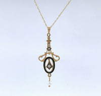10k Yellow Gold Seed Pearls and Black Enamel Lavaliere Pendant (#J4956)