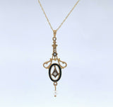 10k Yellow Gold Seed Pearls and Black Enamel Lavaliere Pendant (#J4956)
