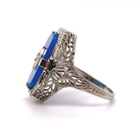14k White Gold Blue Onyx Filigree Ring with Diamond Jewelry (#J5709)