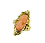 10k Gold Art Nouveau Genuine Natural Coral Cameo Ring with Diamonds (#J4647)