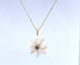 14k Yellow Gold Freshwater Pearls and Sapphire Daisy Pendant Jewelry (#J4957)
