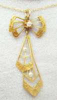 9K Gold Victorian Laveliere Pendant with Diamond and Pearls (#J3025)