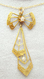 9K Gold Victorian Laveliere Pendant with Diamond and Pearls (#J3025)