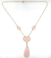 14k Yellow Gold Deco Carved Genuine Natural Rose Quartz Necklace (#J5926)