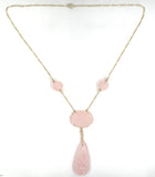 14k Yellow Gold Deco Carved Genuine Natural Rose Quartz Necklace (#J5926)