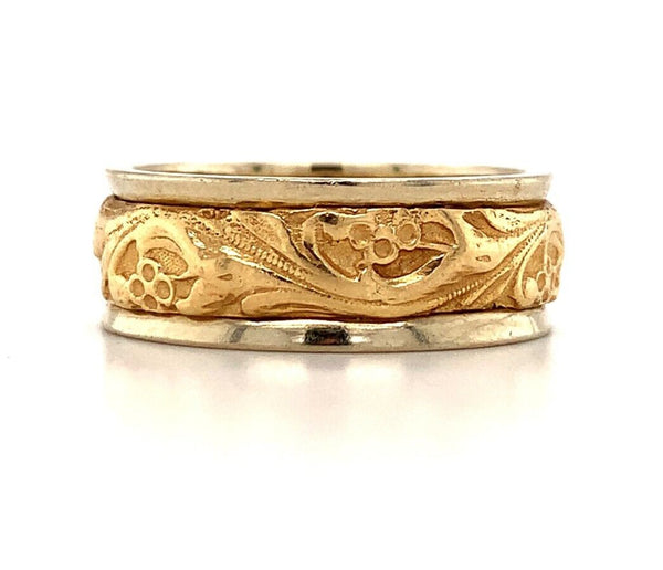 14k White Gold Band with Yellow Gold Floral Accent Wedding Jewelry (#J5874)