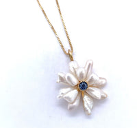 14k Yellow Gold Freshwater Pearls and Sapphire Daisy Pendant Jewelry (#J4957)