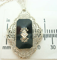 14K Gold Filigree Genuine Natural Onyx Pendant with Paperclip Chain (#J2199)