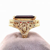 10k Gold 6.58ct Emerald Cut Genuine Natural Garnet Filigree Ring (#J5757)