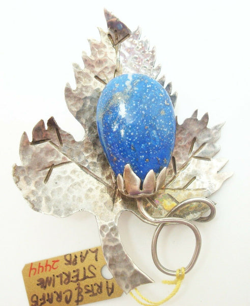 Arts and Crafts Hand Hammered Leaf Brooch with Genuine Natural Lapis (#J2444)