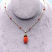 14k Yellow Gold Briolette Genuine Natural Coral Pendant Necklace (#J6163)