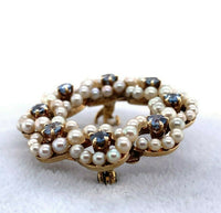 14k Yellow Gold Antique Montana Sapphire and Pearl Circle Pin (#J5468)