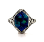 10k White Gold Art Deco Genuine Natural Black Opal Filigree Ring (#J5667)