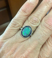 18k Gold 1.07 Carat Genuine Natural Australian Black Opal and Sapphire (#J5302)