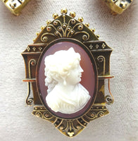 Victorian 14k Gold Genuine Natural Hard Stone Cameo Pin Earring 3pc Set (#J3775)