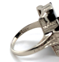 14k White Gold Rectangle Genuine Natural Black Onyx Ring with Diamond (#J5821)