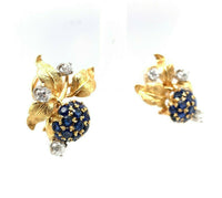 18k Gold Antique Genuine Natural Sapphire and Diamond Blackberry Earrings #J5433