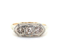 14k Gold Art Deco Genuine Natural Diamond Three Stone Filigree Ring (#J5586)