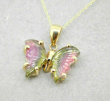 14k Yellow Gold Watermelon Genuine Natural Tourmaline Butterfly Pendant (#J5022)