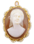 14k Gold Oval Shell Cameo Pin / Pendant with Seed Pearls (#J4018)