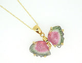 14k Yellow Gold Watermelon Genuine Natural Tourmaline Butterfly Pendant (#5020)