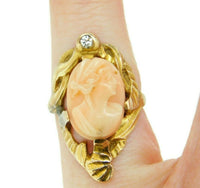 14k Yellow Gold Art Nouveau Genuine Natural Coral Cameo Ring (#J4550)