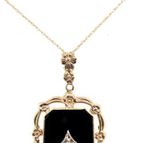 10k Yellow Gold Vintage Genuine Natural Black Onyx and Diamond Pendant (#J5637)