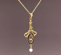 10k Yellow Gold Seed Pearls and Black Enamel Lavaliere Pendant (#J4956)