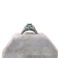14k White Gold Art Deco .68ct Genuine Natural Emerald Filigree Ring (#J5652)