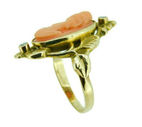10k Gold Art Nouveau Genuine Natural Coral Cameo Ring with Diamonds (#J4647)