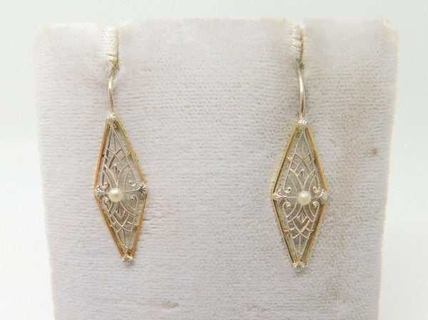 14k Yellow and White Gold Filigree Seed Pearl Earrings (#J3830)