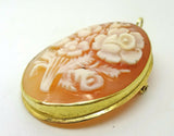 18k Gold Oval Genuine Shell Cameo Pin / Pendant w/Floral Bouquet (#J3616)