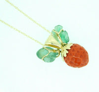 14k Gold Coral Strawberry Pendant Carved Emerald Leaves (#J4446)
