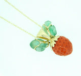14k Gold Coral Strawberry Pendant Carved Emerald Leaves (#J4446)