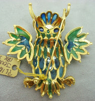 18K Gold Plique-A-Jour Owl Brooch w/Genuine Natural Sapphires & Emerald (#J1724)