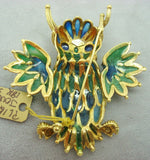 18K Gold Plique-A-Jour Owl Brooch w/Genuine Natural Sapphires & Emerald (#J1724)