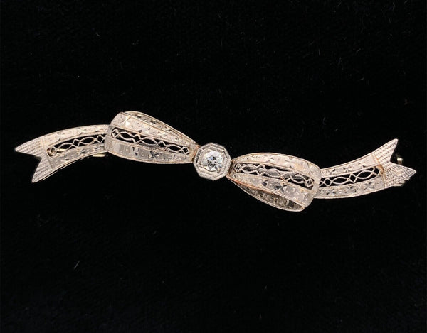 14k White Gold with Platinum Filigree Bow Genuine Natural Diamond Pin (#J5910)
