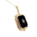 10k Yellow Gold Vintage Genuine Natural Black Onyx and Diamond Pendant (#J5637)
