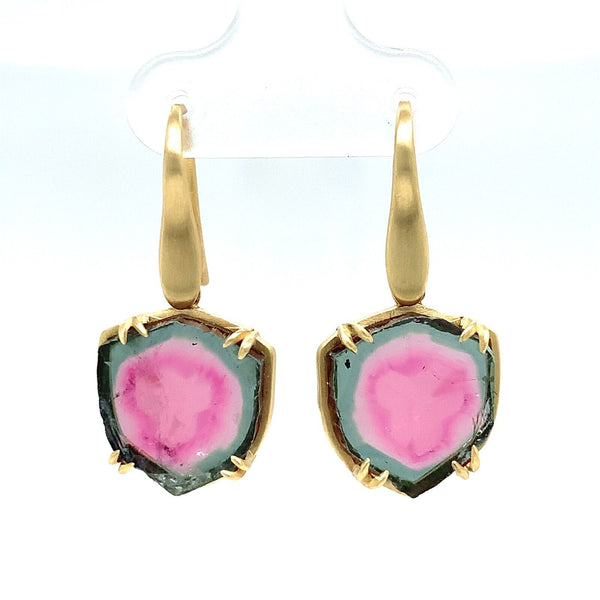15.25ct Watermelon Genuine Natural Tourmaline 14k Yellow Gold Earrings (#J5954)